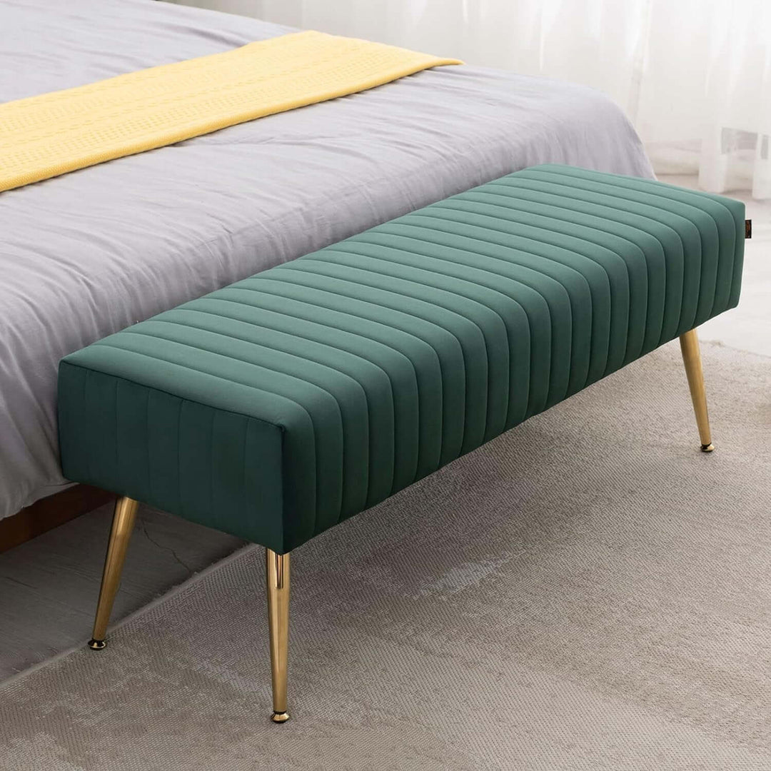 44 Inch Green Velvet Ottoman Bench, Comfortable Footrest Stool