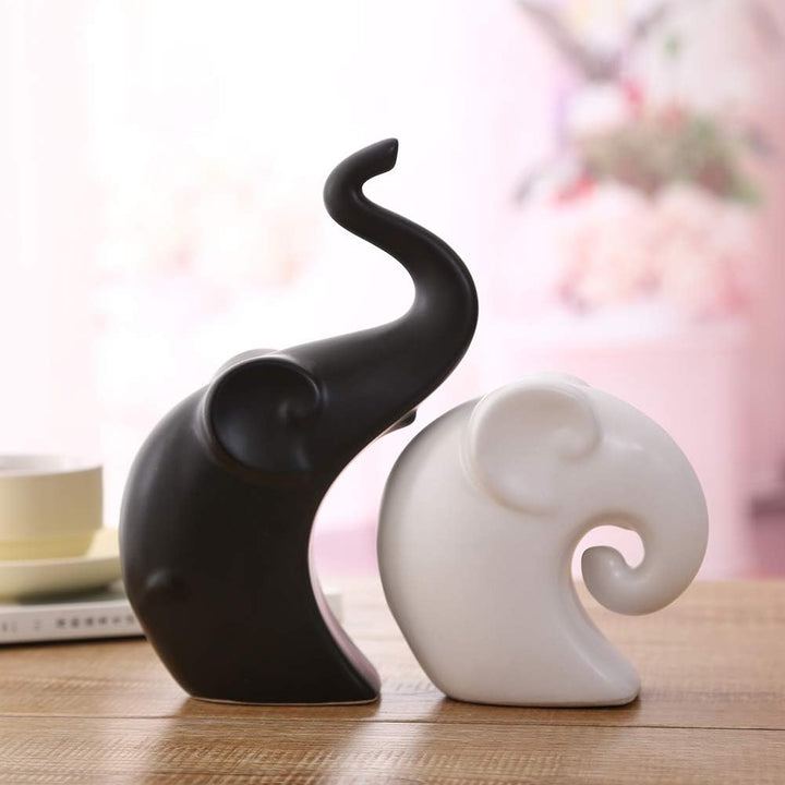 Ceramic Mother and Baby Elephant Statue, Black & White