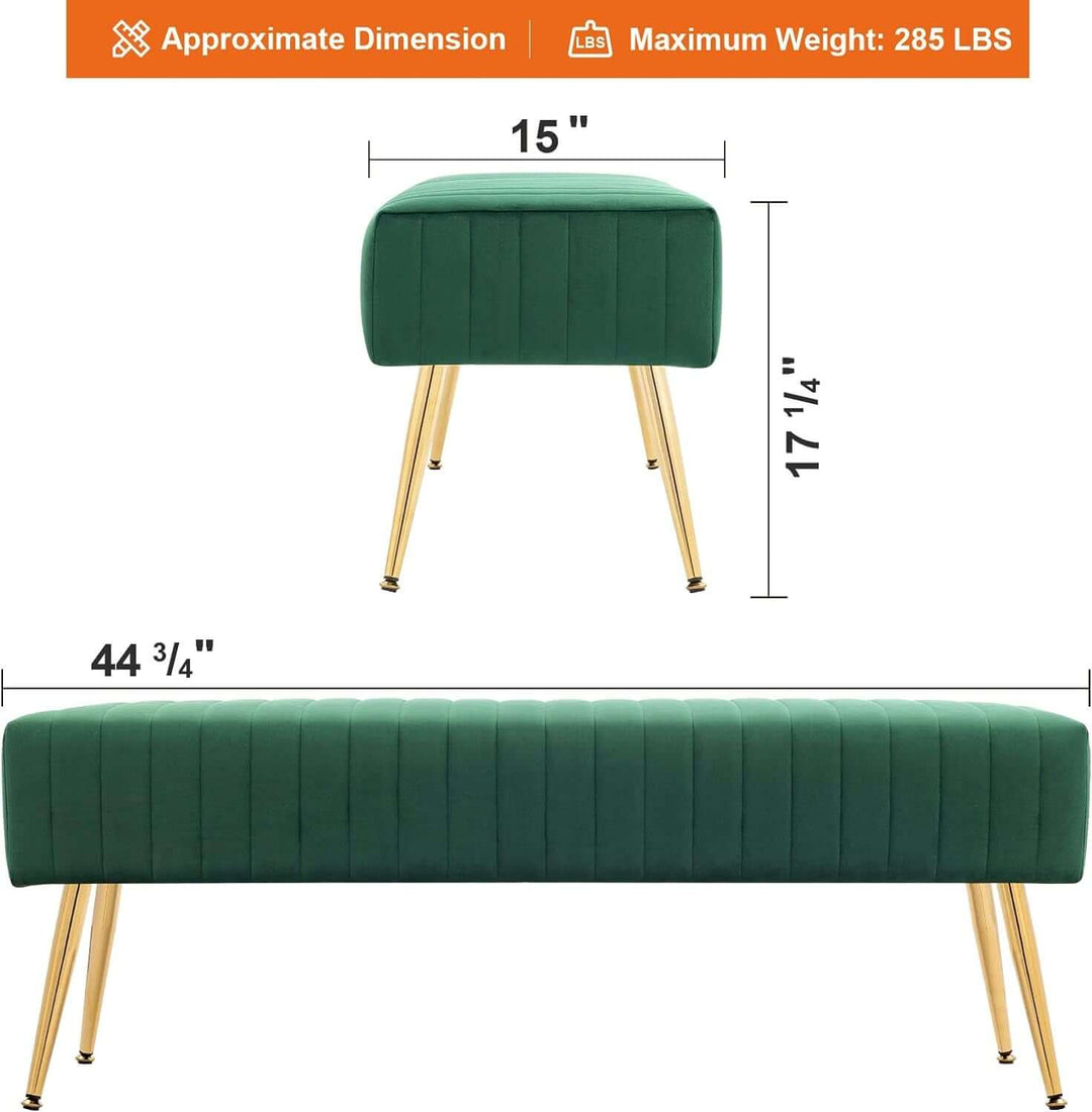 44 Inch Green Velvet Ottoman Bench, Comfortable Footrest Stool