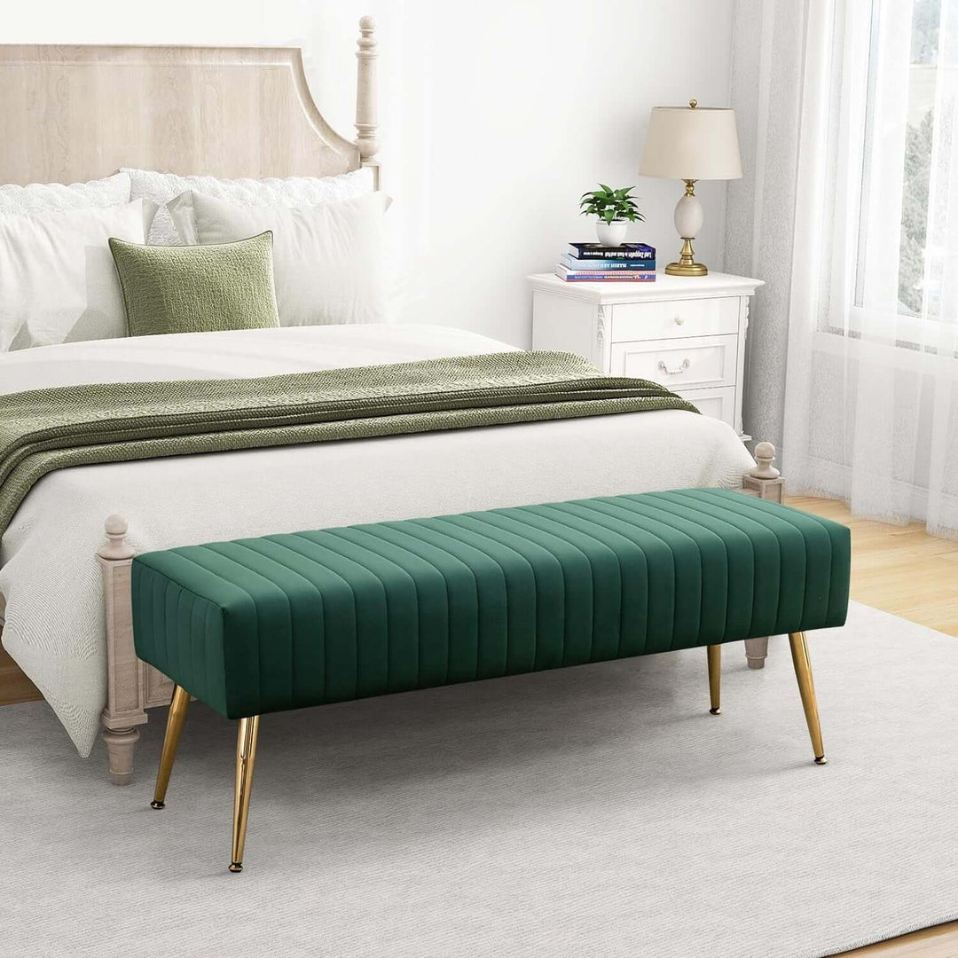 44 Inch Green Velvet Ottoman Bench, Comfortable Footrest Stool