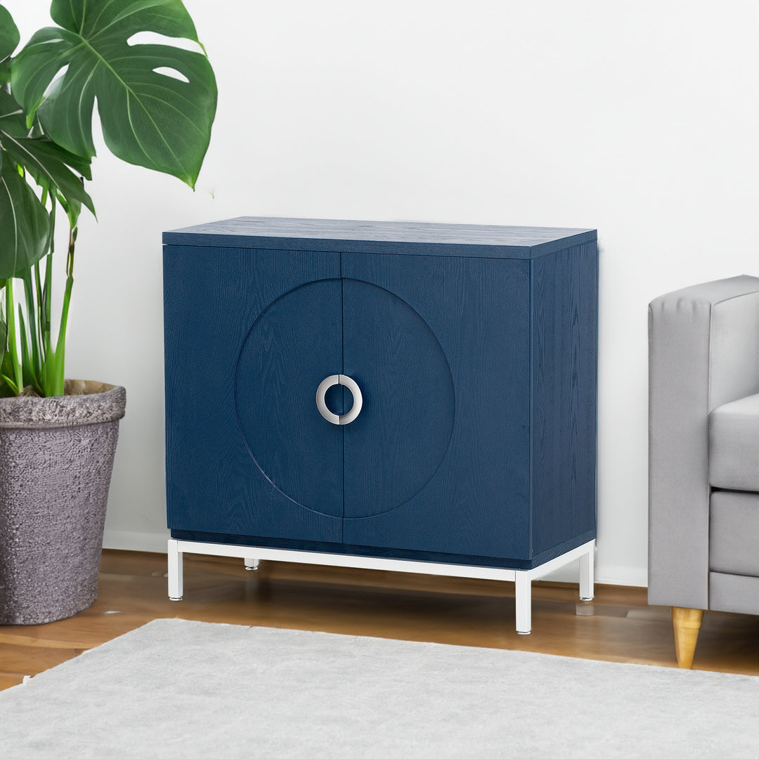 Navy Storage Cabinet with Solid Wood Veneer & Metal Legs