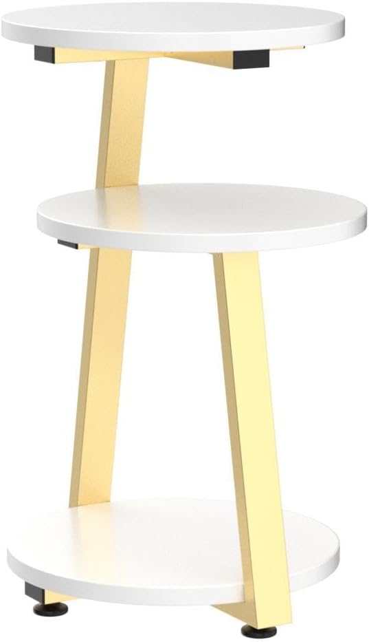 Round End Table 3-Tier Shelves White Gold