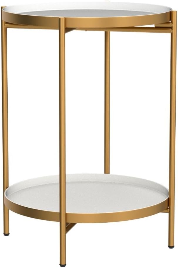 2-Tier Round Metal End Table, Gold&White