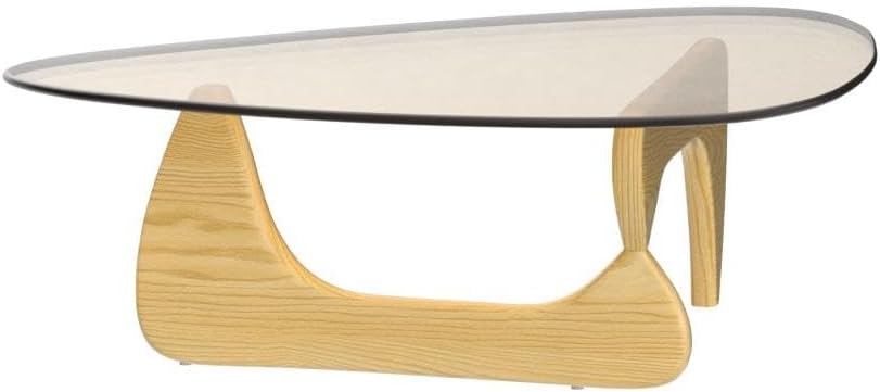 Triangle Glass Coffee Table, Mid-Century Modern End Table, Living Room (Raw Wood/Brown)