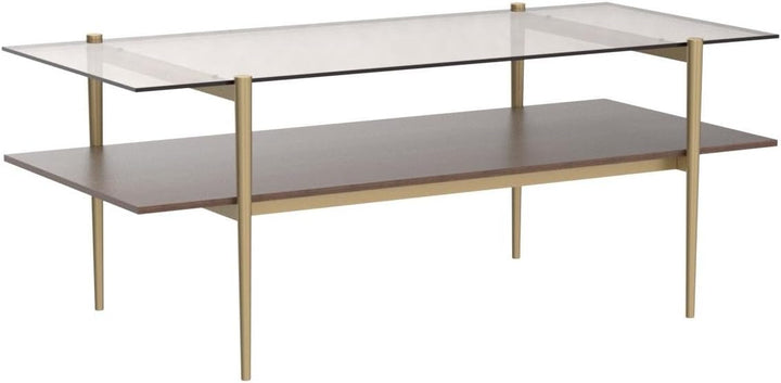 AGV LIGHTING Glass Coffee Table, Double Layer, Gold Frame, Coffee Brown Glass Top, Walnut Brown Wood Top