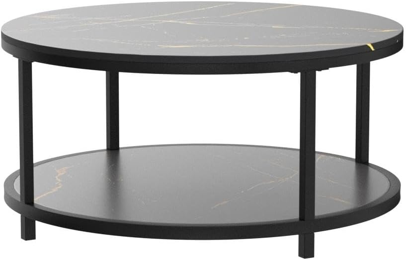 Faux Marble Top Round Coffee Table, Black