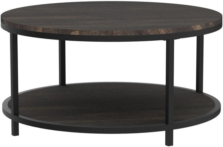 Rustic Round Coffee Table with Wooden Surface, Metal Legs, Storage