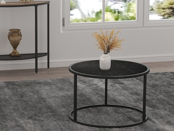 Stylish Small Round Coffee Table with Black Faux Marble