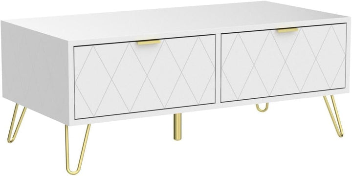 Scurrty Modern Coffee Table with Drawers, Open Shelves, Gold, White