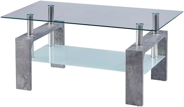 Elegant Rectangle Coffee Table, Wooden Legs, Glass Tabletop, Grey Marble