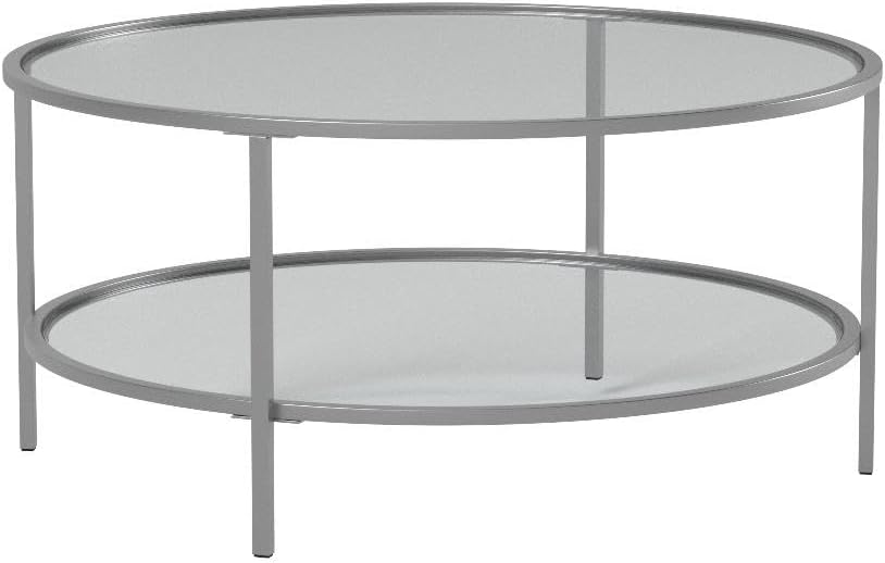 Henn&Hart Modern Round Coffee Table with Glass Top, Nickel