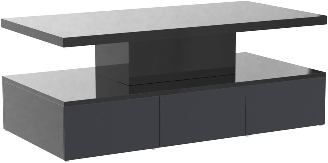 High Glossy Coffee Table with LED Lights, 2-Tier Rectangle Living Room Furniture, Black, 16 Colors