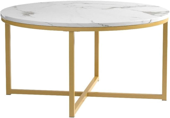 Faux Marble Accent Table, Modern End Table - White/Gold