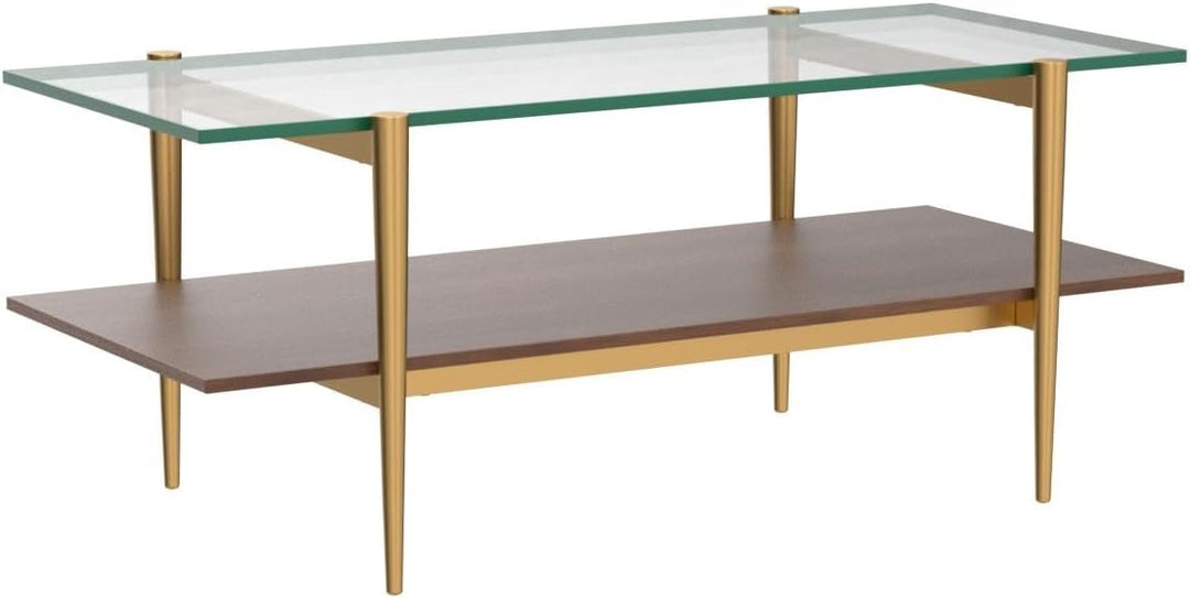 Elegant Glass Coffee Table with Walnut Wood Top, Gold Finish