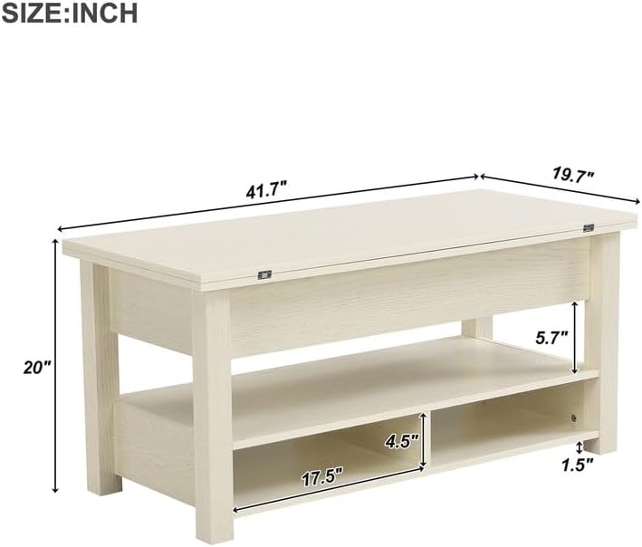 Lift Top Coffee Table with Storage Shelf, Wooden Coffee Tables, Ivory