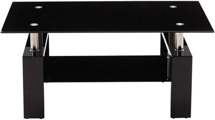 Black Glass Top Coffee Table with Black Metal Legs, Black