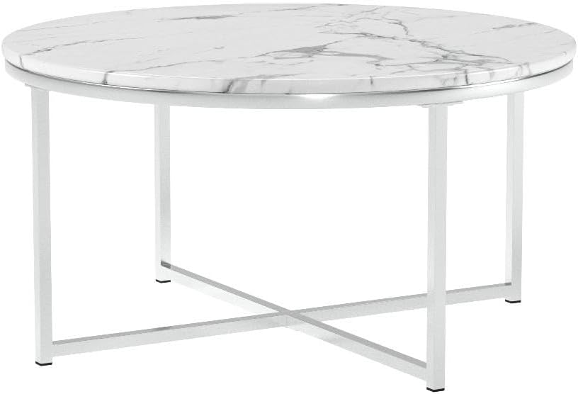 Faux Marble Accent Table, Modern Large End Table, White/Chrome