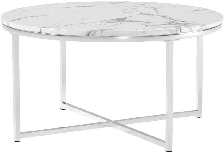 Faux Marble Accent Table, Modern Large End Table, White/Chrome