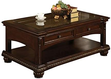 Wooden Top Glass Coffee Table, Traditional Style, Cherry