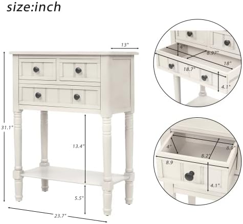 Narrow Console Sofa Table 3 Drawers Bottom Shelf Ivory