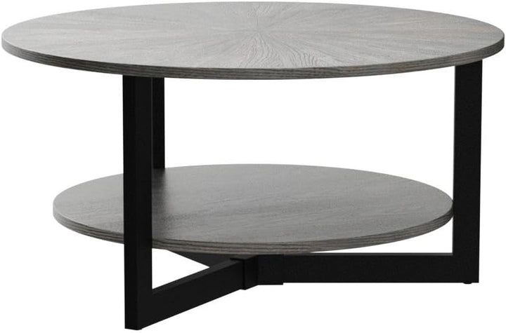 Rustic Round Coffee Table with Storage Shelf, Farmhouse Cocktail Table, Brushed Black