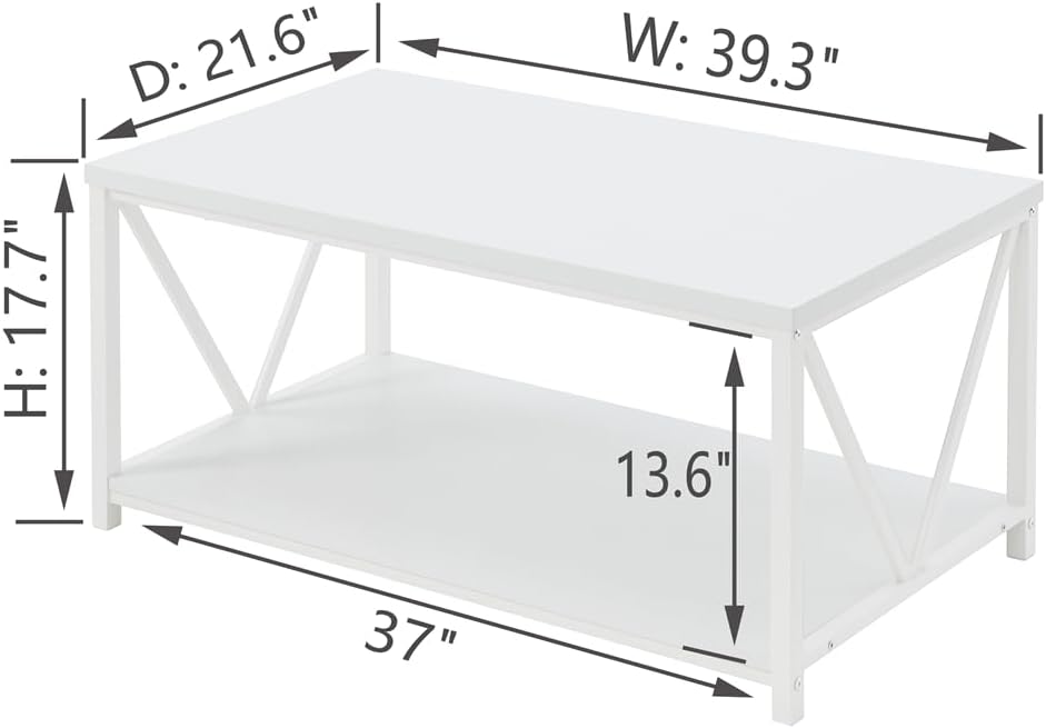 Rustic Coffee Table with Storage Shelf, Modern Living Room Furniture, White Oak