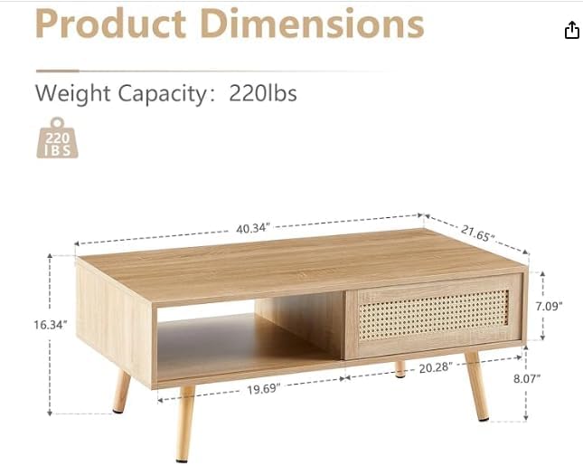 Rattan Coffee Table with Storage, Mid Century Modern Wooden Accent Center Sofa Table