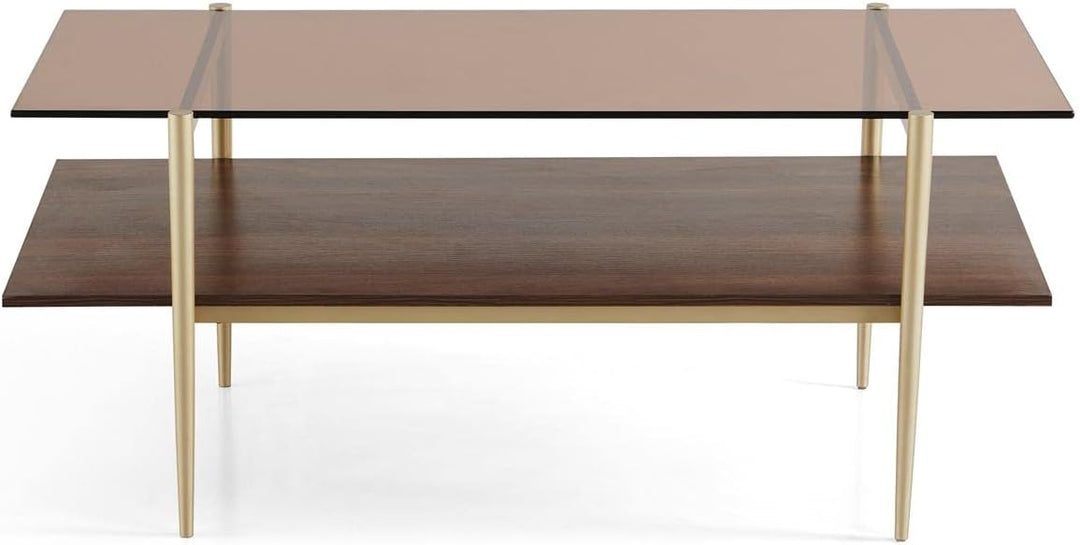 Elegant Double Layer Glass Coffee Table, Coffee Brown