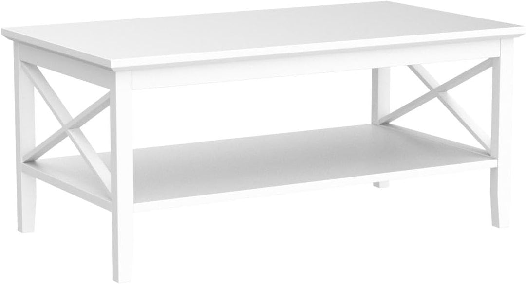 Rectangular Modern Coffee Table with Storage Shelf, Classic X Design (White)