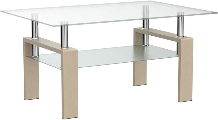 Rectangle Oak Glass Coffee Table, Clear Glass Top, Modern Tables