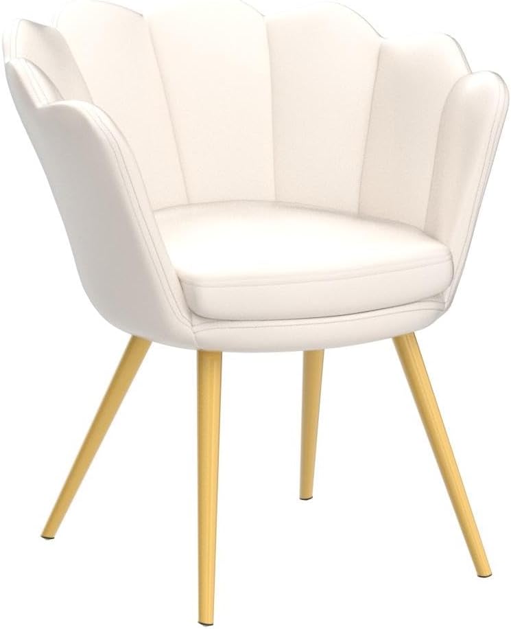 Small Accent Chair, Velvet Gold Cute Vanity Chair, Upholstered Shell Shaped Office Guest Modern Chair Arm Chair, Cream White