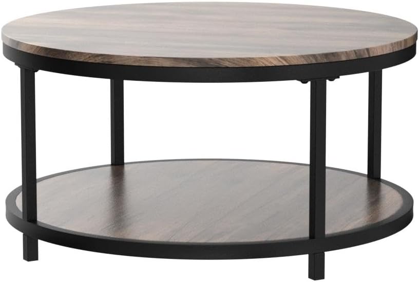 Round Coffee Table, 2-Tier Rustic Wood Desktop, Modern Design Accent Center Table (Walnut)