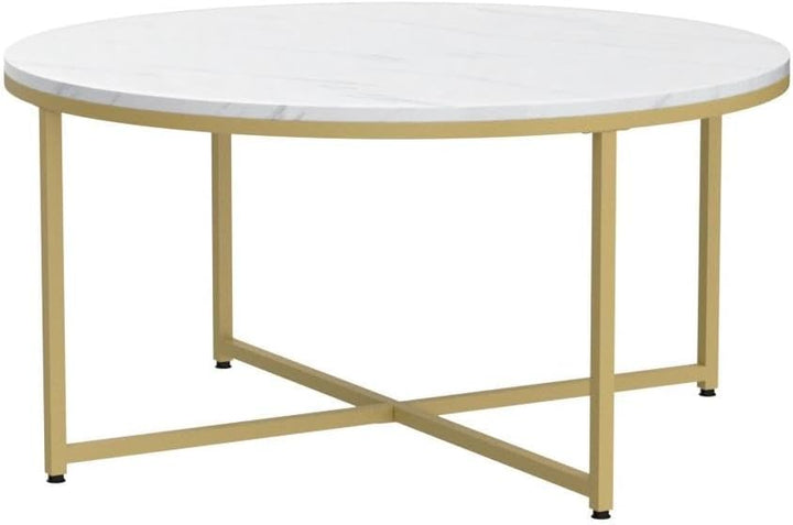 Faux Marble Coffee Table, 35.5-inch Round Center Table, White and Gold