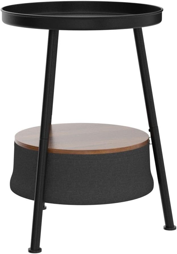 Industrial Round End Table, 2 Tiers Black Round Side Table with Storage Basket