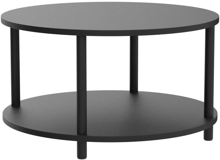 Round Coffee Table with Open Storage Shelf, 2 Tier Black Wooden