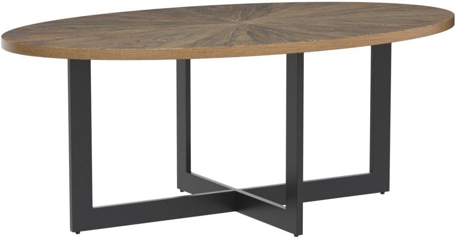 Rustic Oval Coffee Table with Cross Metal Legs, Solid Wood