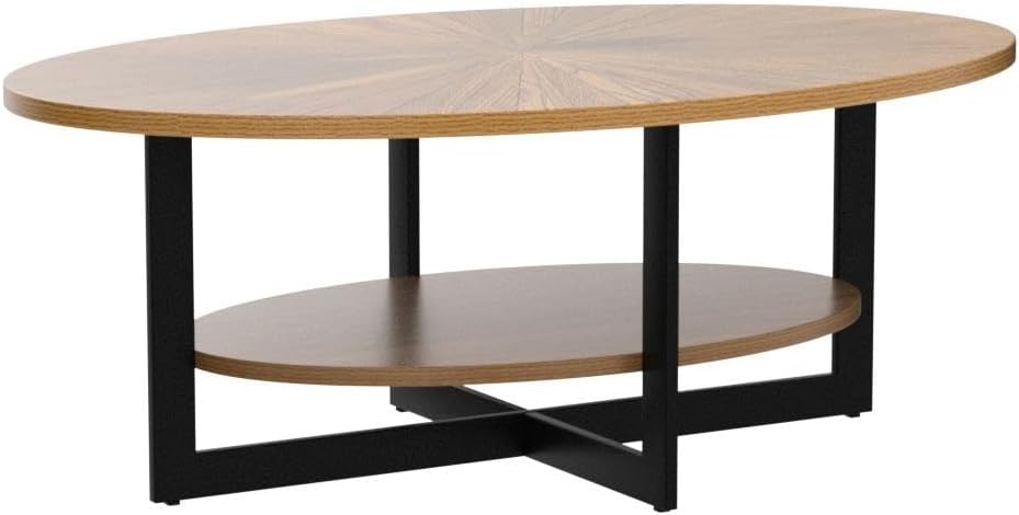 Rustic Oval Coffee Table, 2-Tier Storage, Metal Legs, Espresso