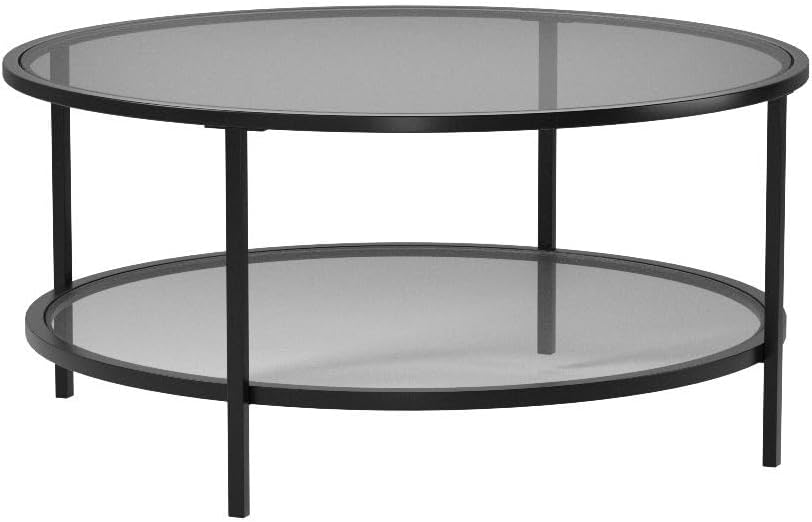 Blackened Bronze Round Coffee Table with Glass Top, Modern