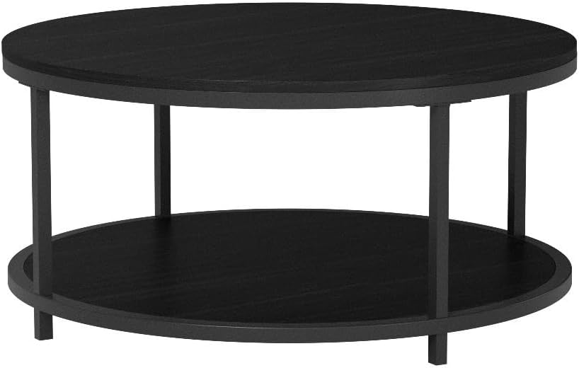 NSdirect Round Coffee Table, Rustic Wooden Surface Top & Legs, Black