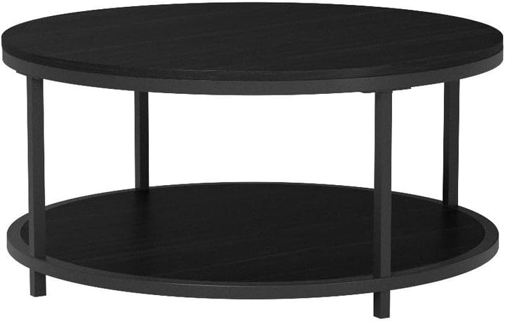 NSdirect Round Coffee Table, Rustic Wooden Surface Top & Legs, Black