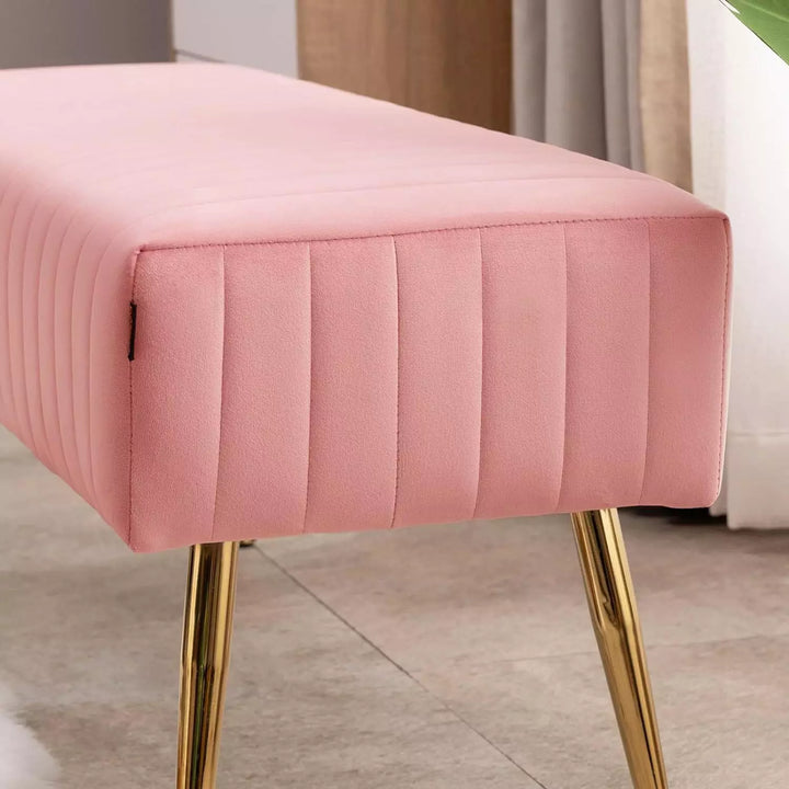 44 Inch Pink Velvet Ottoman Bench, Modern Upholstered Bedroom Bench