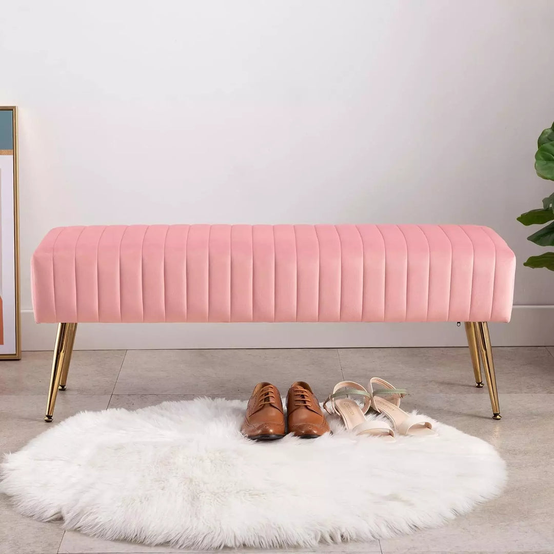 44 Inch Pink Velvet Ottoman Bench, Modern Upholstered Bedroom Bench