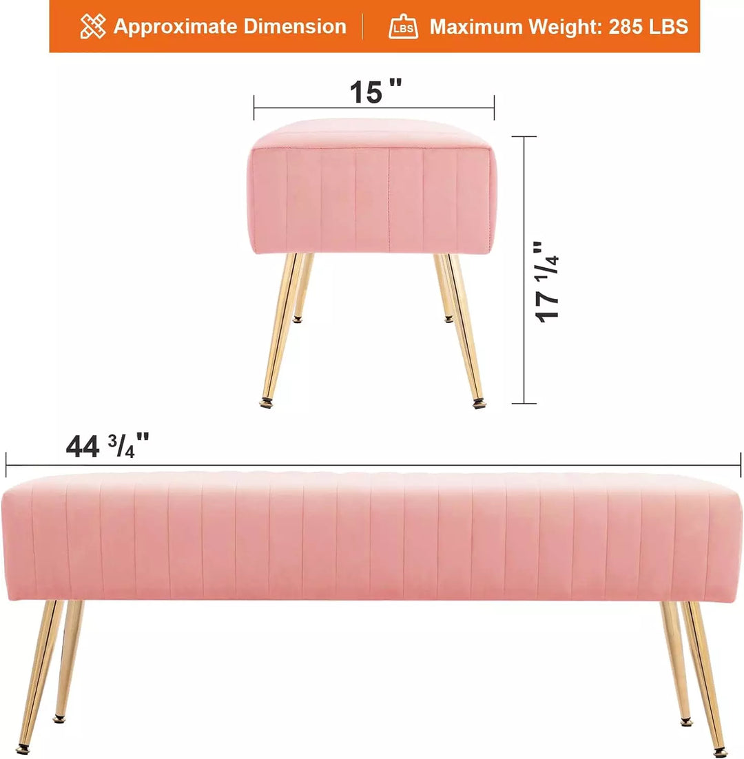 44 Inch Pink Velvet Ottoman Bench, Modern Upholstered Bedroom Bench