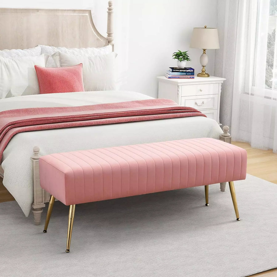 44 Inch Pink Velvet Ottoman Bench, Modern Upholstered Bedroom Bench