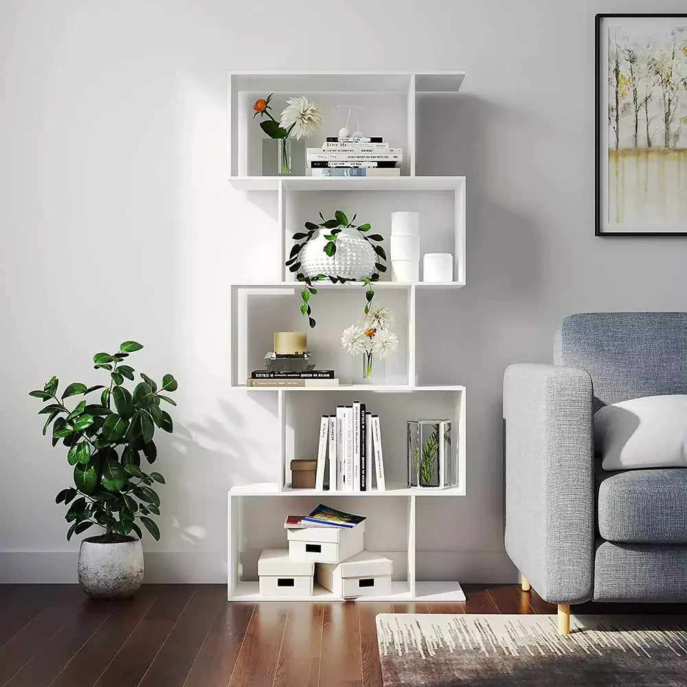 5-Tier Geometric Bookcase, Wooden S-shaped Storage Bookcase, White