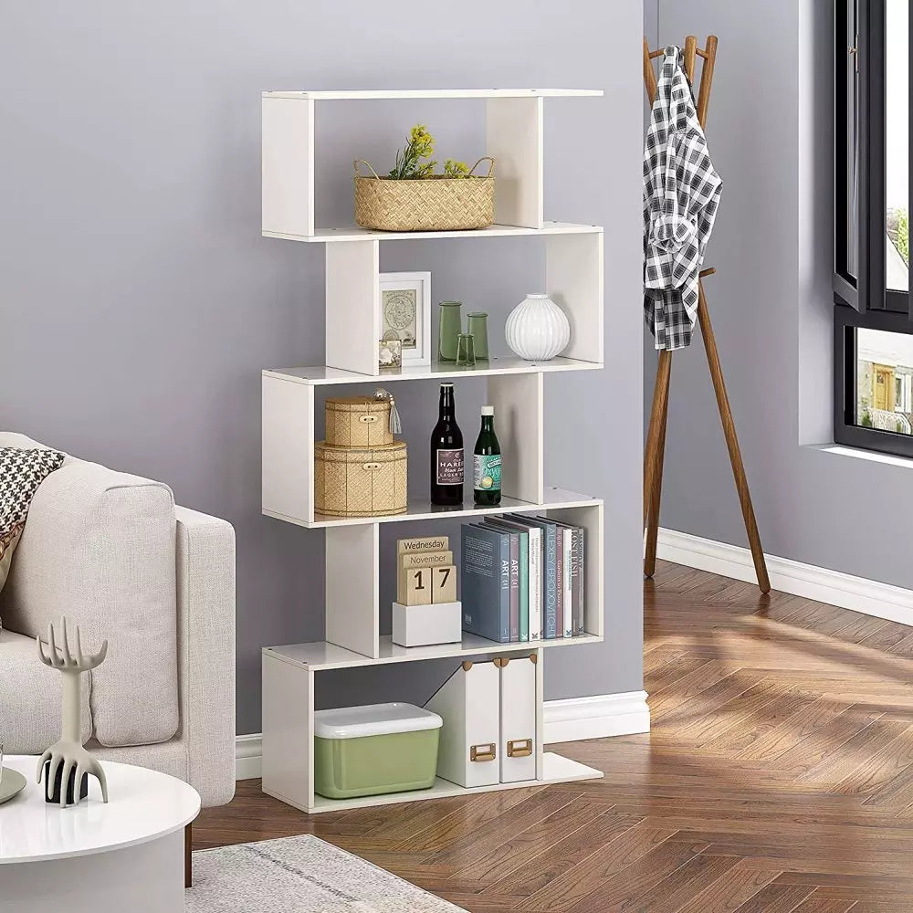 5-Tier Geometric Bookcase, Wooden S-shaped Storage Bookcase, White