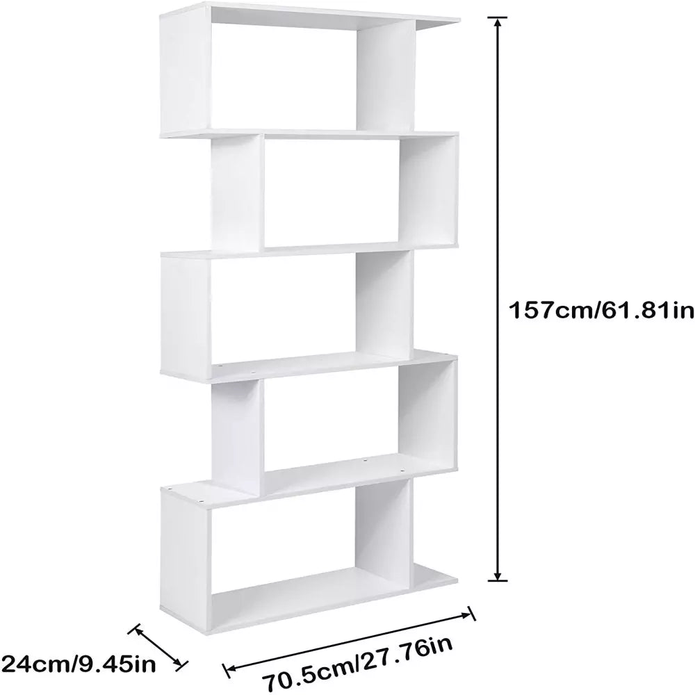 5-Tier Geometric Bookcase, Wooden S-shaped Storage Bookcase, White