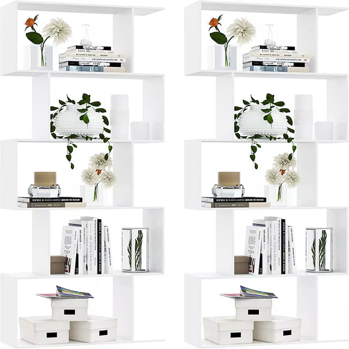 5-Tier Geometric Bookcase, Wooden S-shaped Storage Bookcase, White