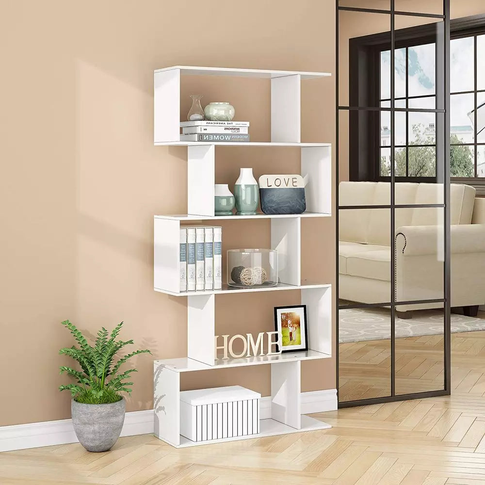 5-Tier Geometric Bookcase, Wooden S-shaped Storage Bookcase, White