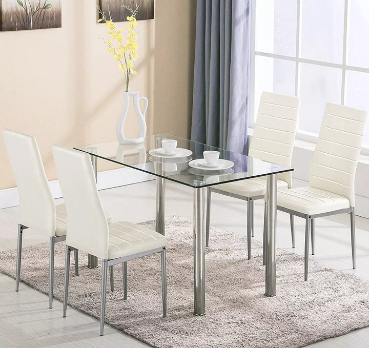 5 Piece Dining Table Set Dining Table & 4 Leather Chairs, White